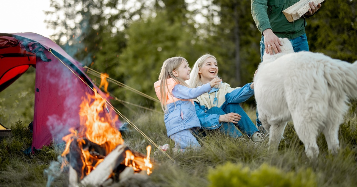 Two parents and their young child reaching out to pet their family dog while they are sit at a campsite together.