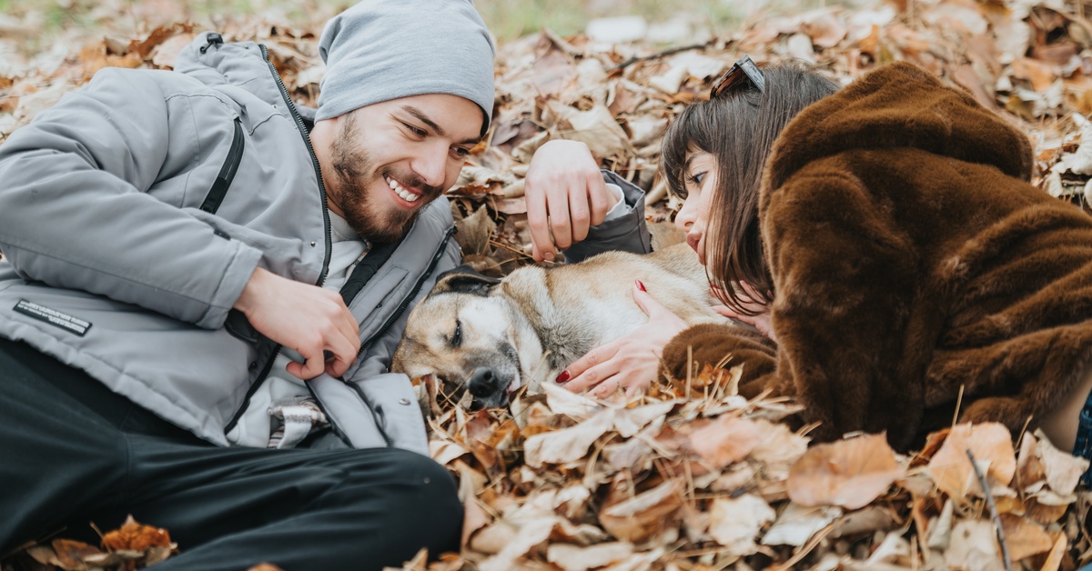 A young couple laying in a pile of leaves alongside their tan dog. Both people are wearing casual cold-weather attire.