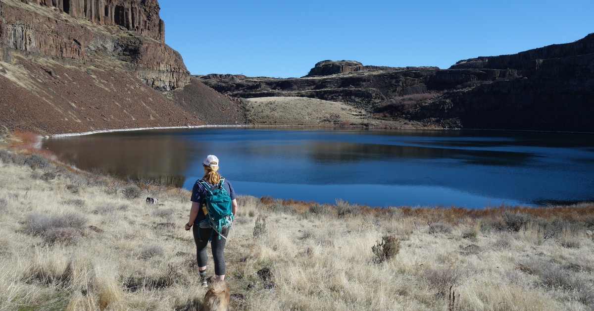 A person in casual athletic gear walking alongside a lake in the Pacific Northwest. The area around the lake is pale and dry.