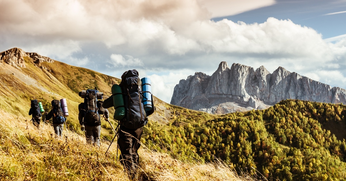 A group of four hikers moving along a trail on a mountain's edge. Shrubs and trees line the area below them.