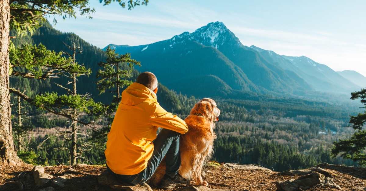 A man sitting on a rock on a mountain trail beside his fluffy golden retriever while wearing a yellow waterproof coat.