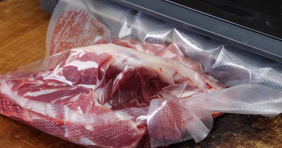 A close-up of a piece of meat being vacuum-sealed into a plastic bag by an electronic kitchen vacuum sealer.