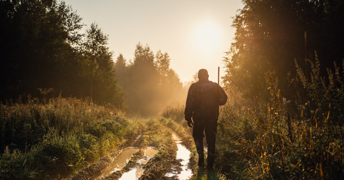 The silhouette of a hunter with a rifle walking along a muddy trail through the forest while the sun sets in front of them.