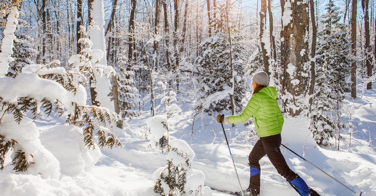A person navigating through a snowy forest using cross-country skis. She is wearing a bright green puffy jacket.